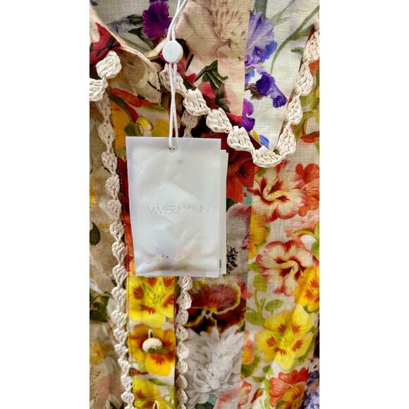 Zimmermann Linen Floral Patchwork Mini Dress Crochet Trim Multicolor NWT - Picture 7 of 11